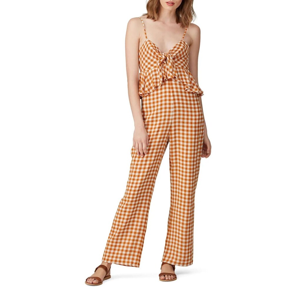 SAYLOR XS Laken Gingham Jumpsuit In Apricot Peplum Top V-Neck Ruffle Knot Front